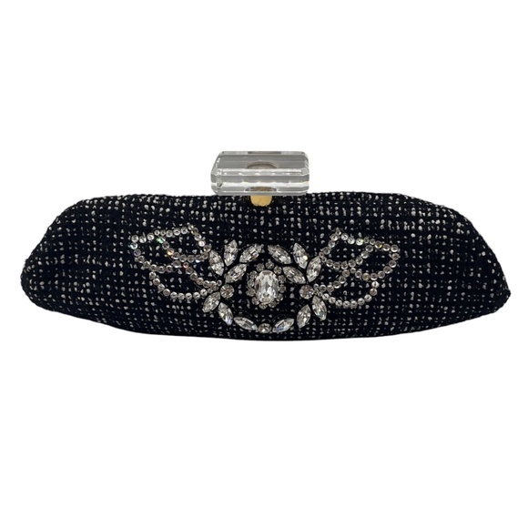 CHANEL BLACK / WHITE CRYSTAL EMBELLISHED TWEED EVENING CLUTCH BAG - Picture 1 of 11